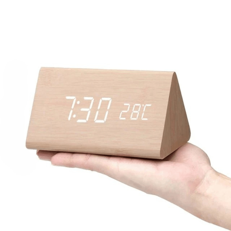 Digital Alarm Clock Wood LED Temperature Display Calendar Wooden