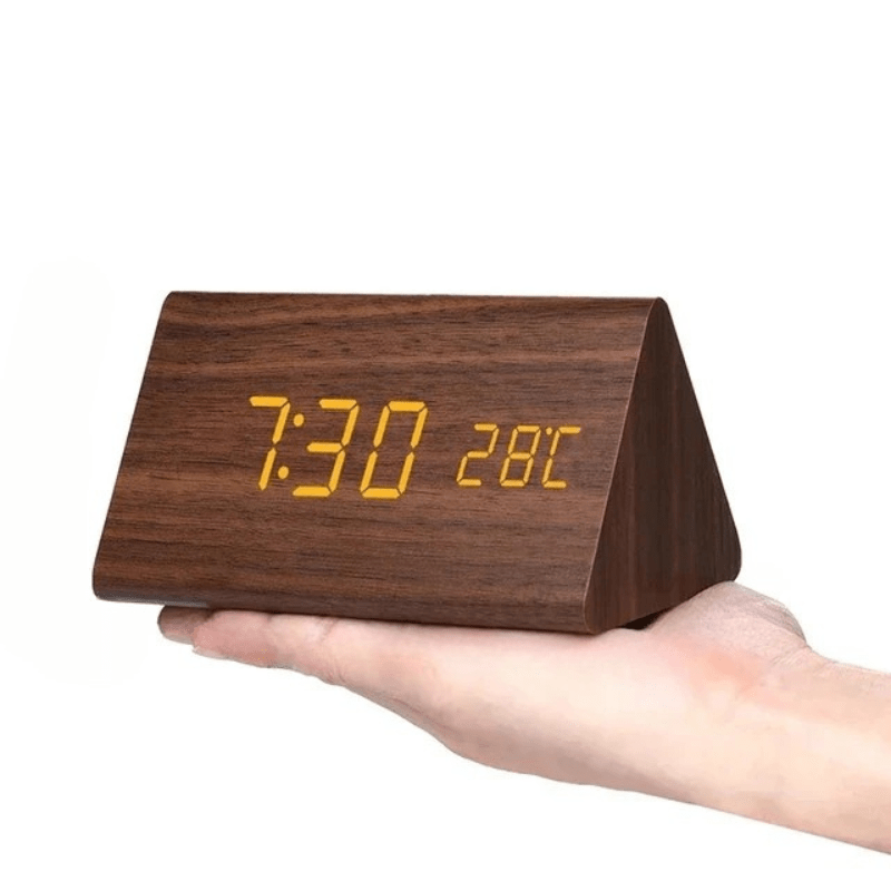 Digital Alarm Clock Wood LED Temperature Display Calendar Wooden
