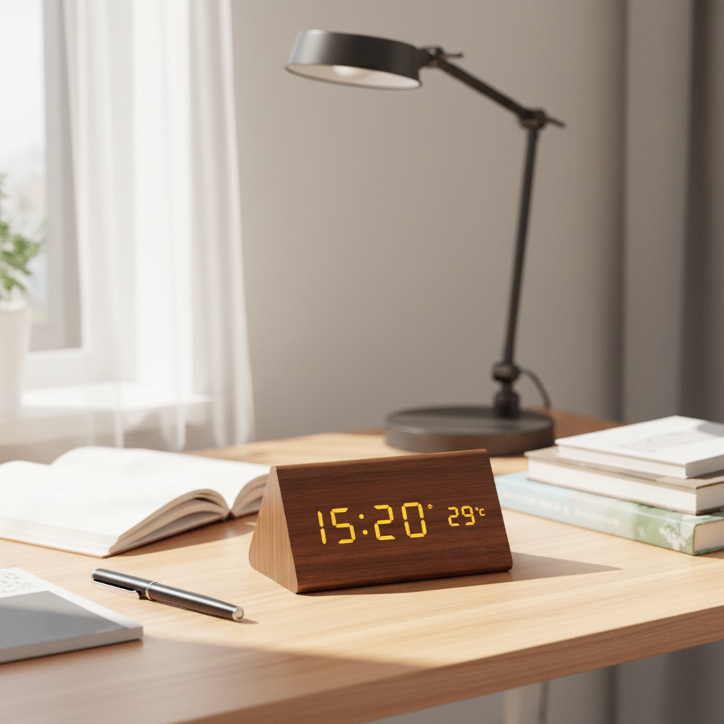 Digital Alarm Clock Wood LED Temperature Display Calendar Wooden