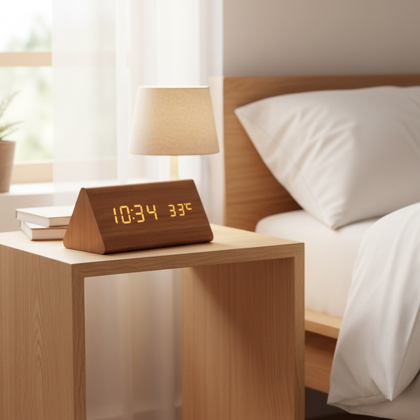 Digital Alarm Clock Wood LED Temperature Display Calendar Wooden