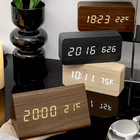 Digital Alarm Clock Wood LED Temperature Display Calendar Wooden