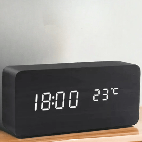 Digital Alarm Clock Wood LED Temperature Display Calendar Wooden