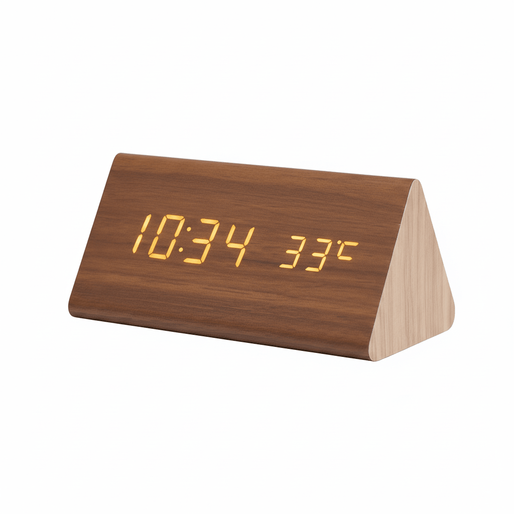 Digital Alarm Clock Wood LED Temperature Display Calendar Wooden