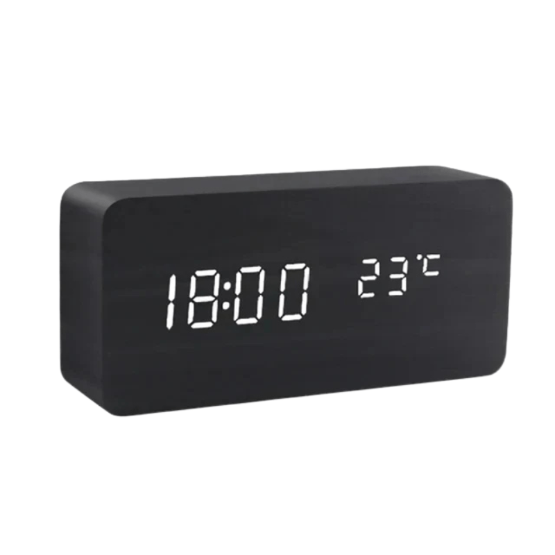 Digital Alarm Clock Wood LED Temperature Display Calendar Wooden