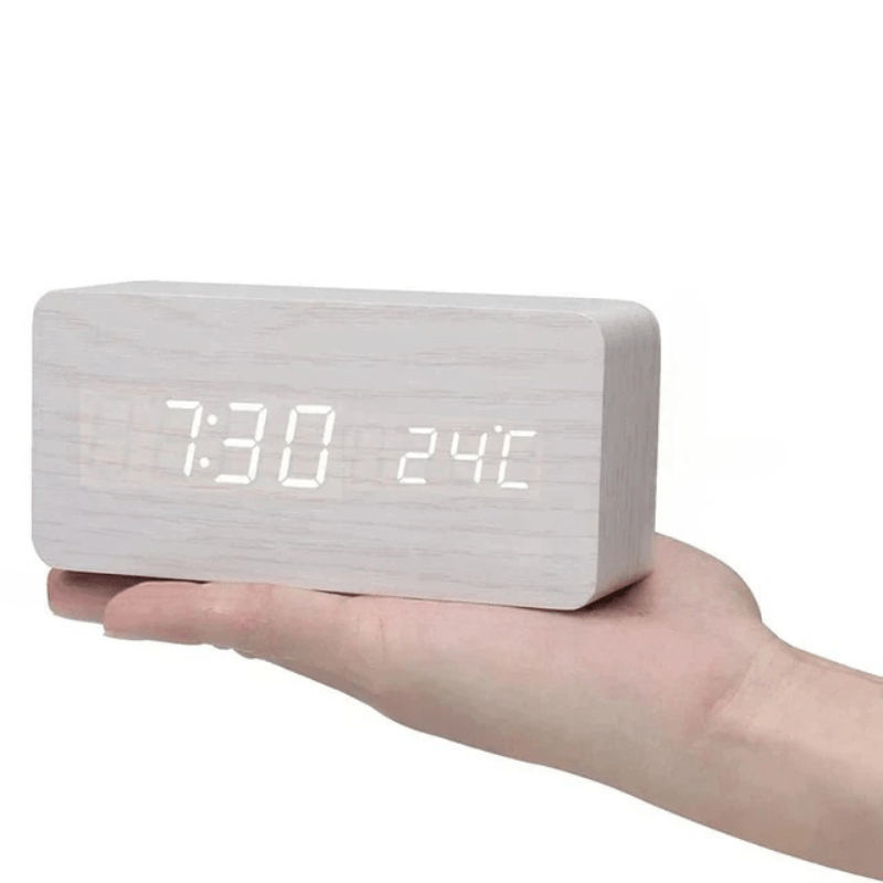 Digital Alarm Clock Wood LED Temperature Display Calendar Wooden