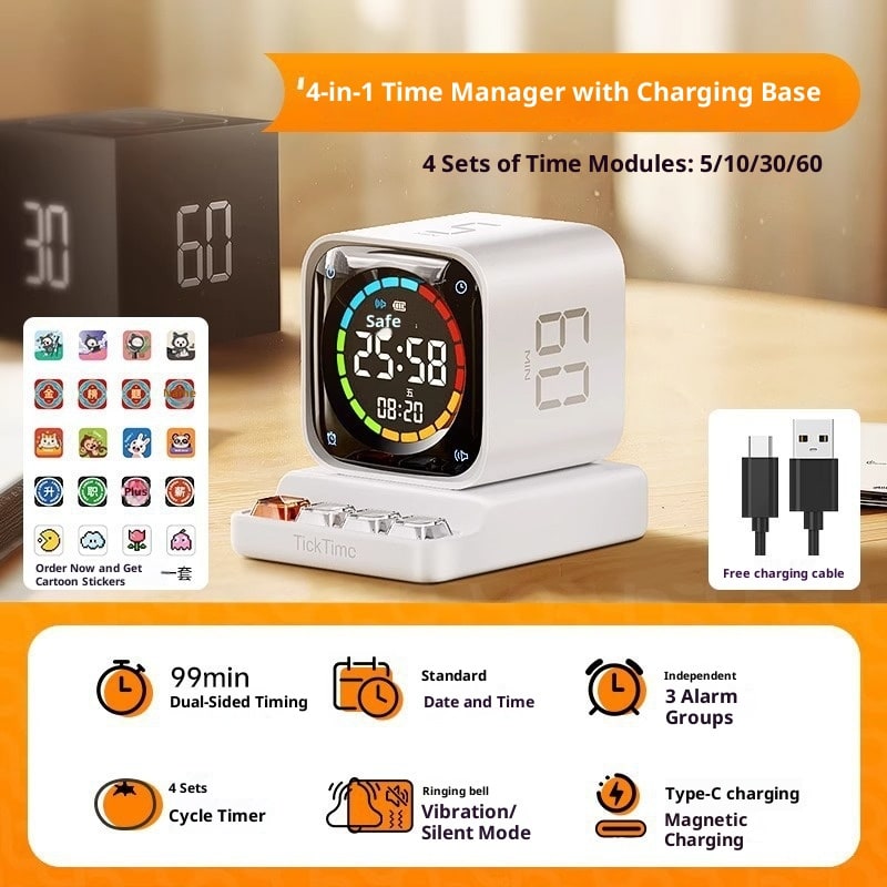 Digital Gravity Flip Cube Timer with LED Display and Charging Dock With Seconds
