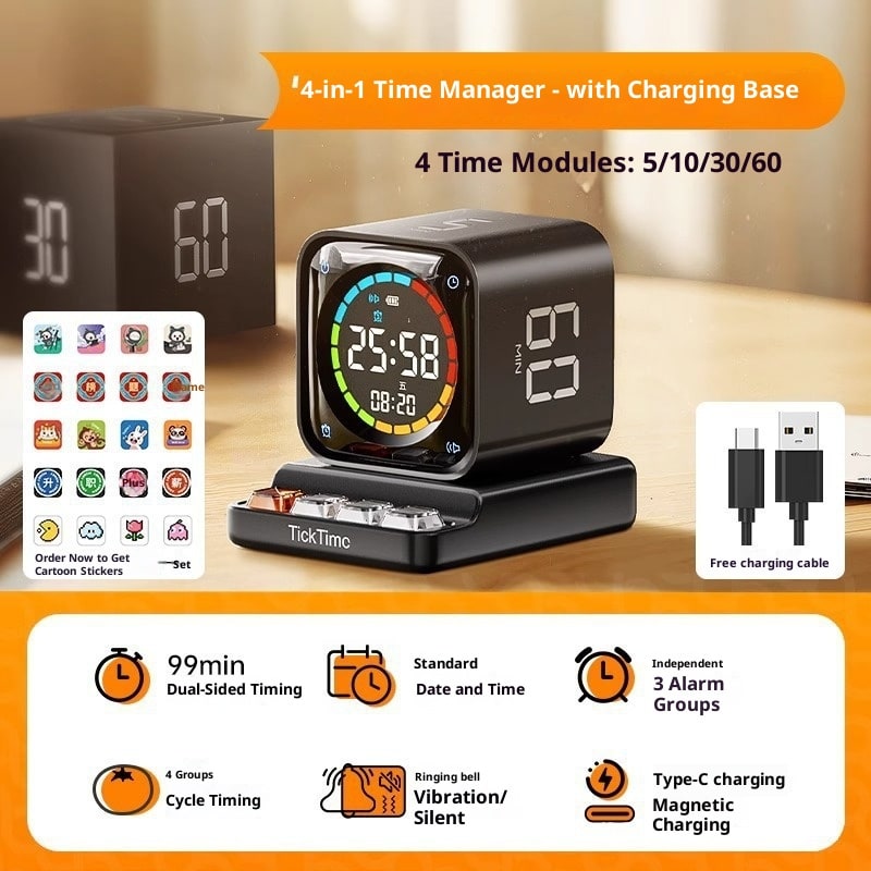 Digital Gravity Flip Cube Timer with LED Display and Charging Dock With Seconds