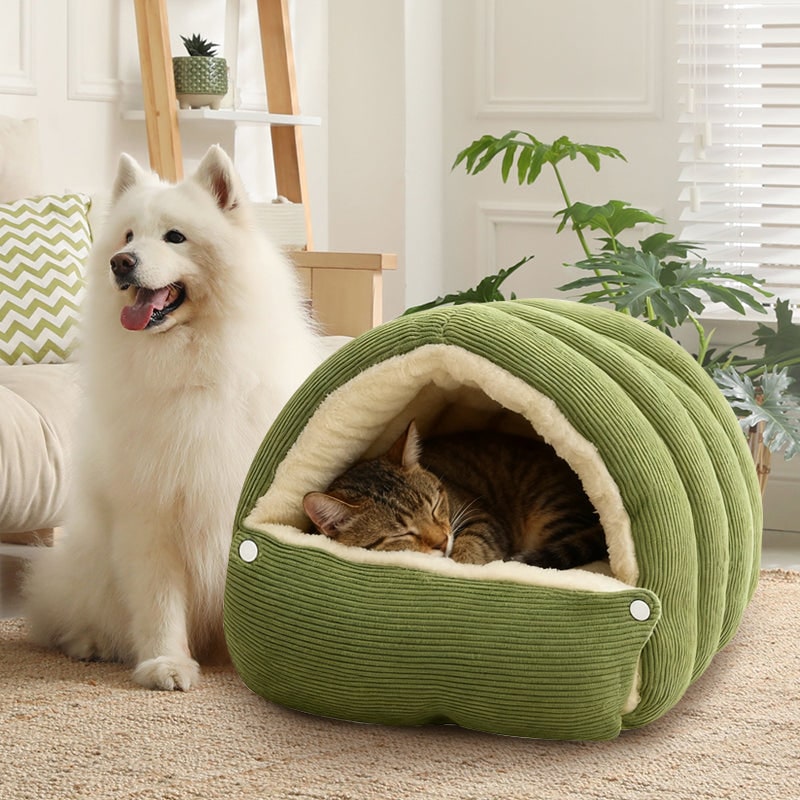 Dog Bed with Self Warming Cat Cave Design Plush Fleece Hooded Pet Window