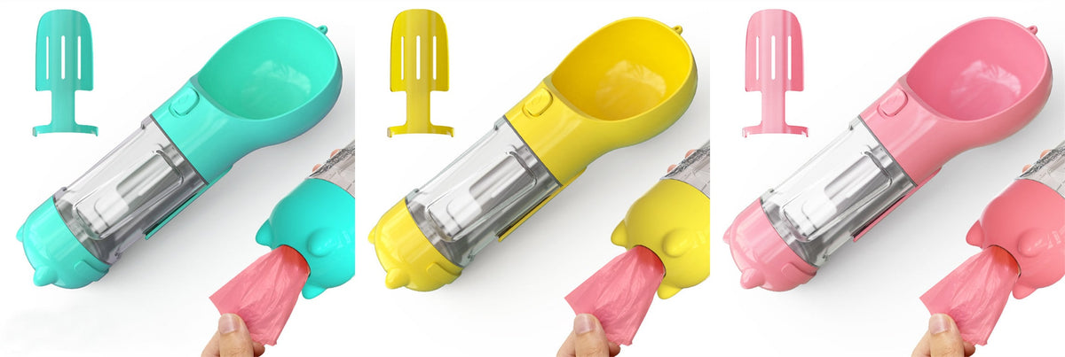 Dog Water Bottle Dispenser with Portable Bowl and Waste Bag Storage for Outdoor Travel