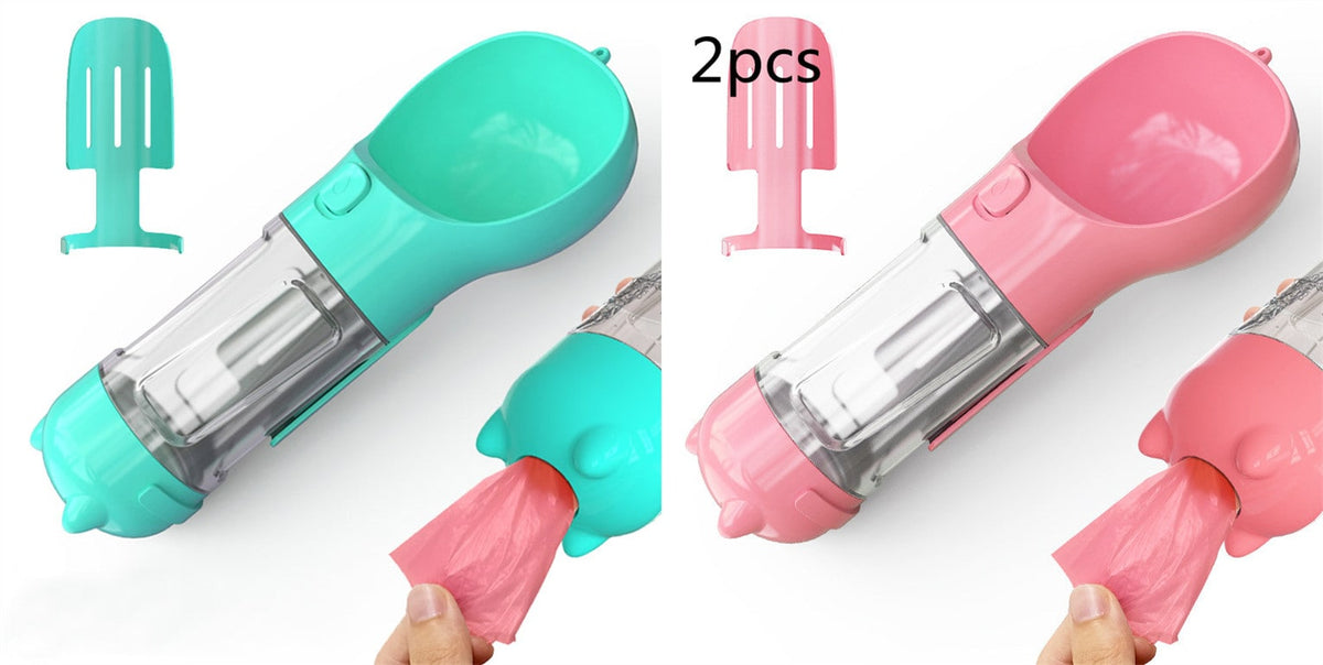 Dog Water Bottle Dispenser with Portable Bowl and Waste Bag Storage for Outdoor Travel
