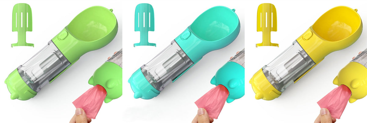 Dog Water Bottle Dispenser with Portable Bowl and Waste Bag Storage for Outdoor Travel