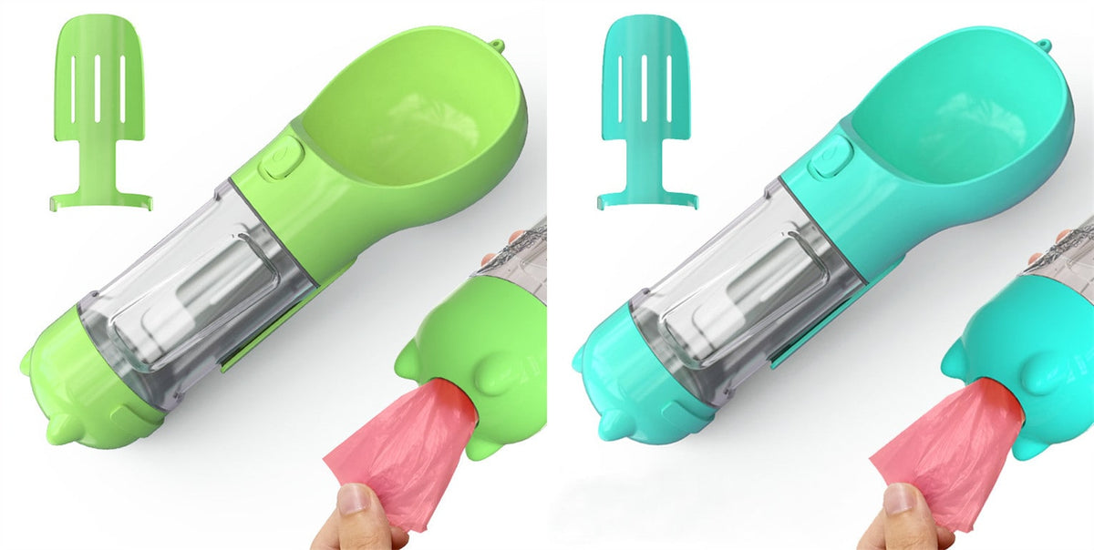 Dog Water Bottle Dispenser with Portable Bowl and Waste Bag Storage for Outdoor Travel