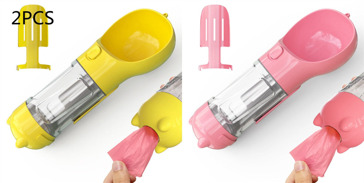 Dog Water Bottle Dispenser with Portable Bowl and Waste Bag Storage for Outdoor Travel