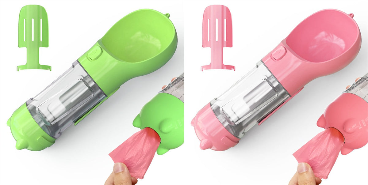 Dog Water Bottle Dispenser with Portable Bowl and Waste Bag Storage for Outdoor Travel