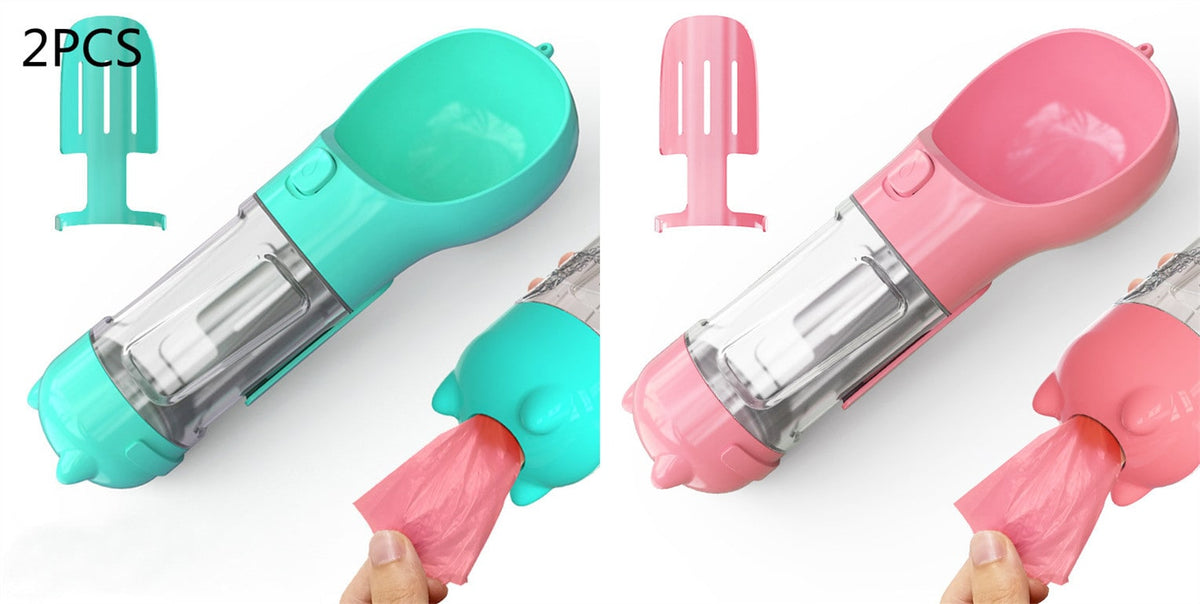 Dog Water Bottle Dispenser with Portable Bowl and Waste Bag Storage for Outdoor Travel