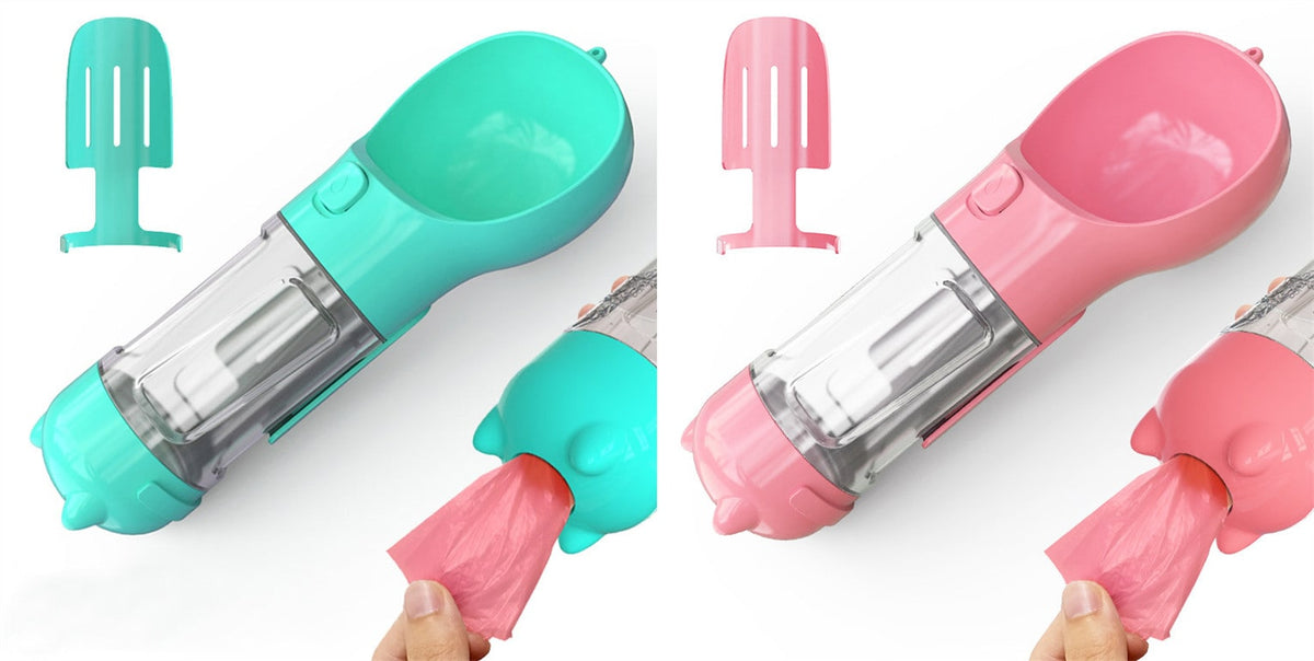 Dog Water Bottle Dispenser with Portable Bowl and Waste Bag Storage for Outdoor Travel