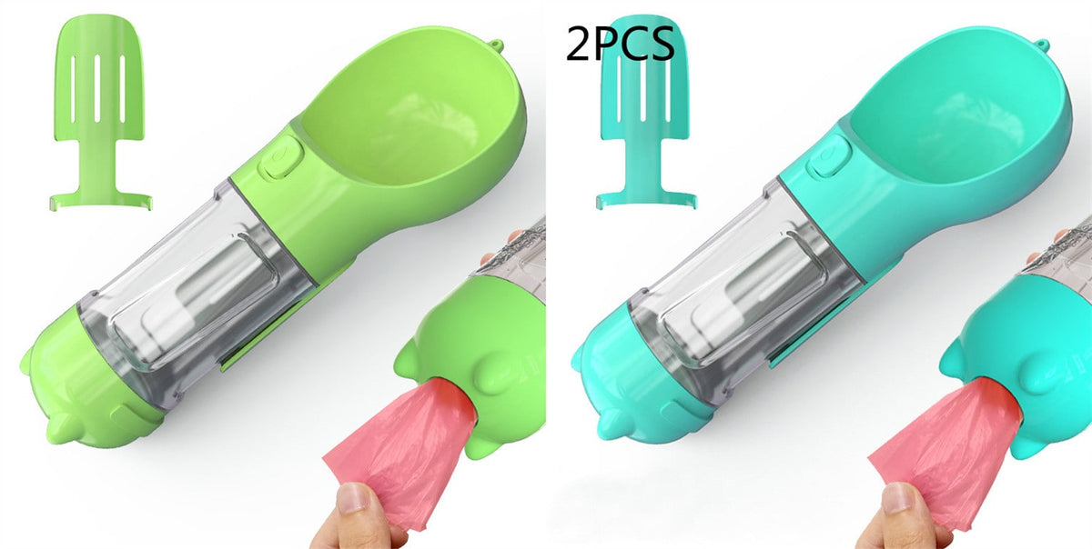 Dog Water Bottle Dispenser with Portable Bowl and Waste Bag Storage for Outdoor Travel