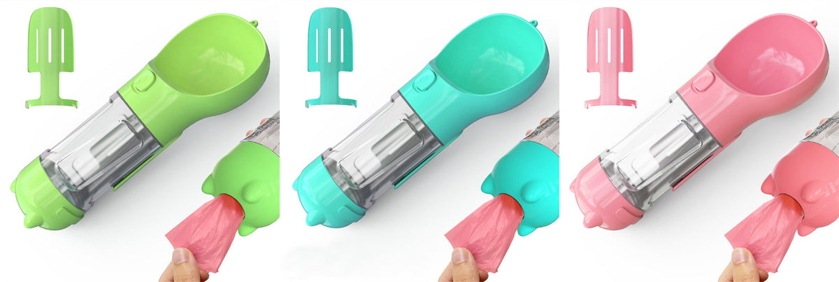 Dog Water Bottle Dispenser with Portable Bowl and Waste Bag Storage for Outdoor Travel