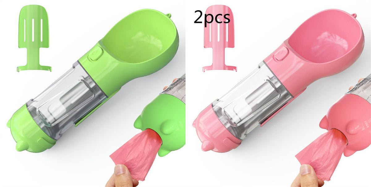 Dog Water Bottle Dispenser with Portable Bowl and Waste Bag Storage for Outdoor Travel