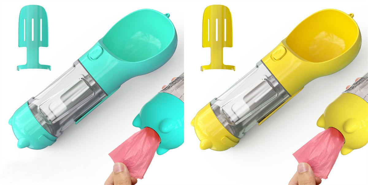 Dog Water Bottle Dispenser with Portable Bowl and Waste Bag Storage for Outdoor Travel
