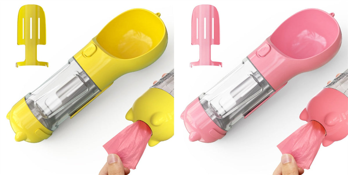 Dog Water Bottle Dispenser with Portable Bowl and Waste Bag Storage for Outdoor Travel
