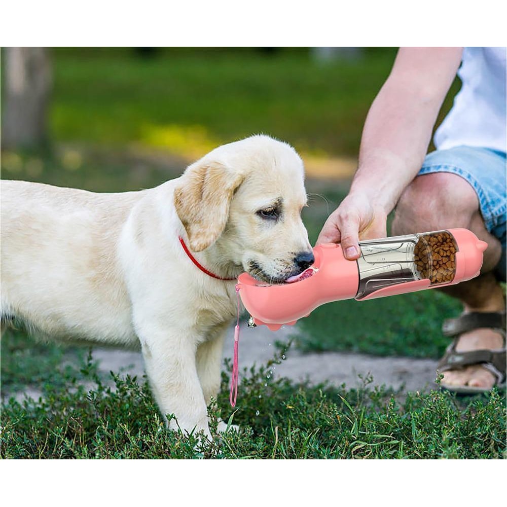 Dog Water Bottle Dispenser with Portable Bowl and Waste Bag Storage for Outdoor Travel