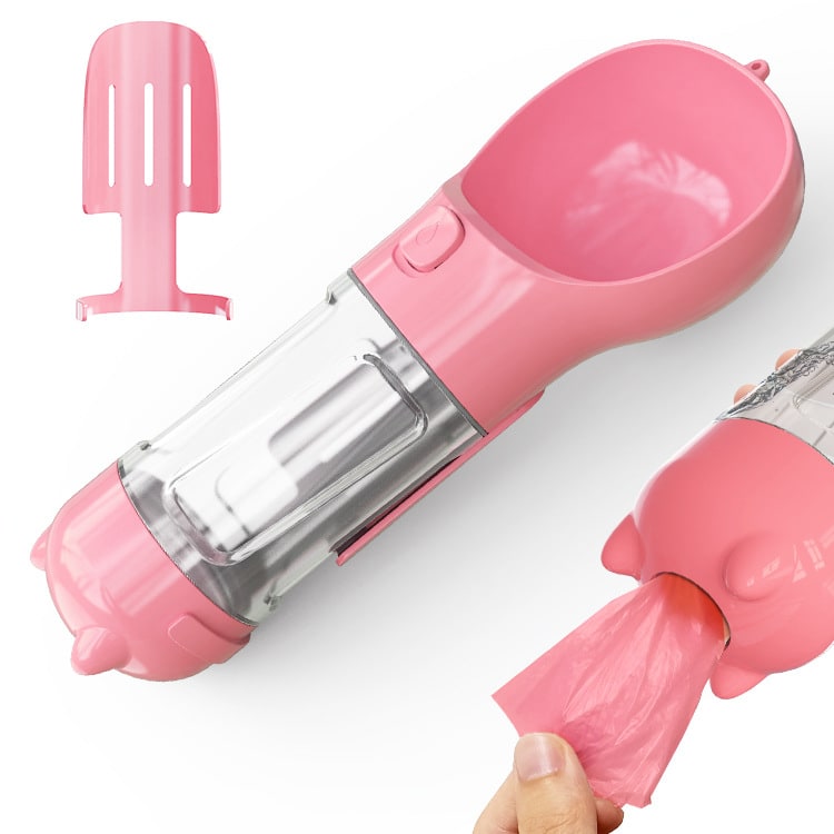 Dog Water Bottle Dispenser with Portable Bowl and Waste Bag Storage for Outdoor Travel