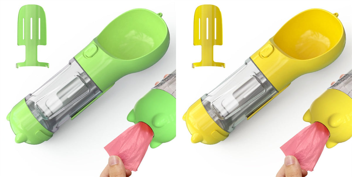 Dog Water Bottle Dispenser with Portable Bowl and Waste Bag Storage for Outdoor Travel