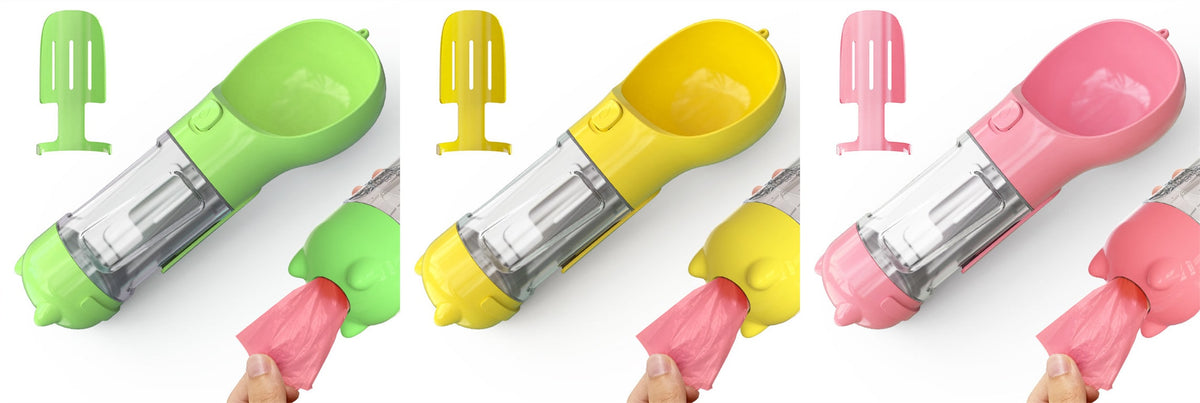 Dog Water Bottle Dispenser with Portable Bowl and Waste Bag Storage for Outdoor Travel
