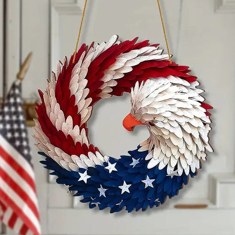Door Wreath Patriotic Red White Blue Eagle Bald Circular Fourth Of July