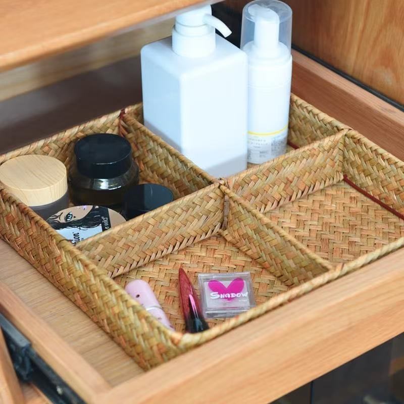 Drawer Organizer with 4 Compartments Woven Seagrass Kitchen Utensil Storage Tray