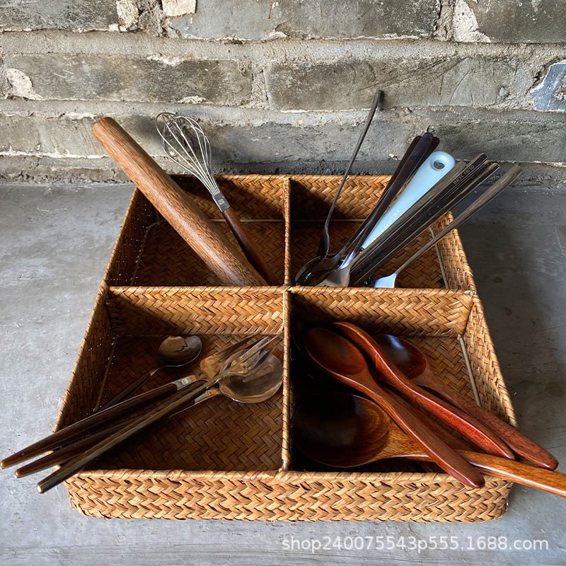 Drawer Organizer with 4 Compartments Woven Seagrass Kitchen Utensil Storage Tray