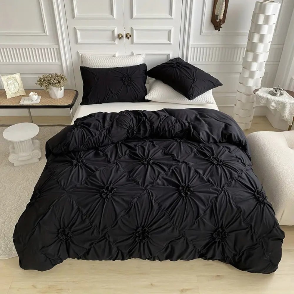 Duvet Cover Set with Pinch Pleat and Ruffled Flower Rosettes Textured Bedding Full Size