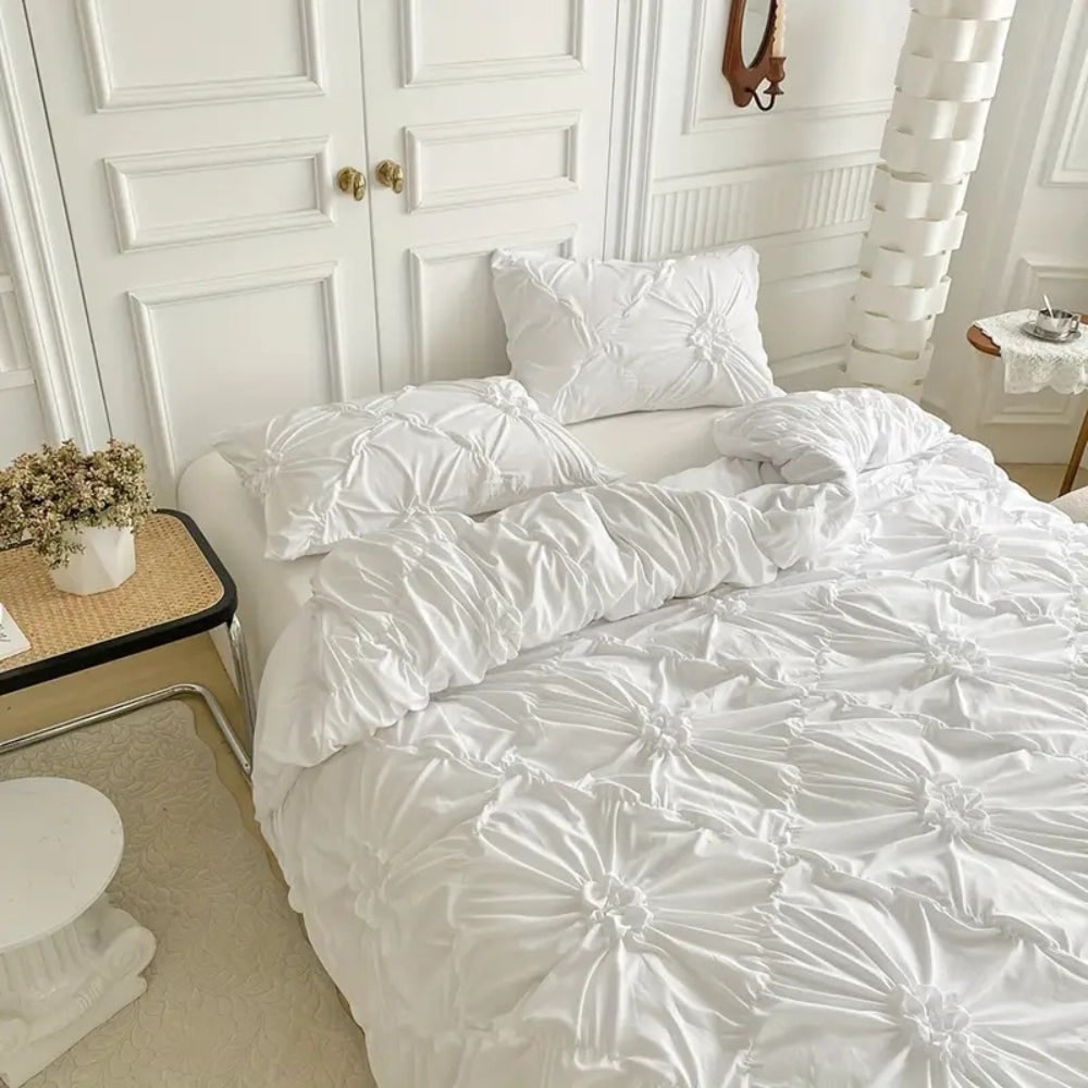 Duvet Cover Set with Pinch Pleat and Ruffled Flower Rosettes Textured Bedding Full Size