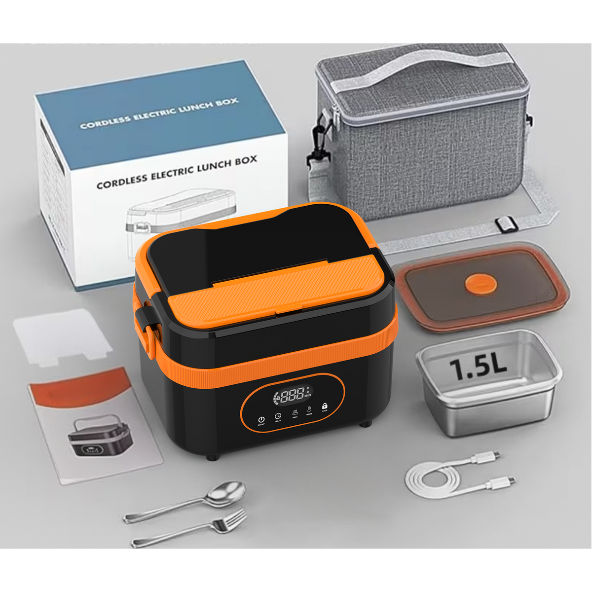 Electric Heated Lunch Box with Stainless Steel Tray Cordless Battery Powered and LED Display