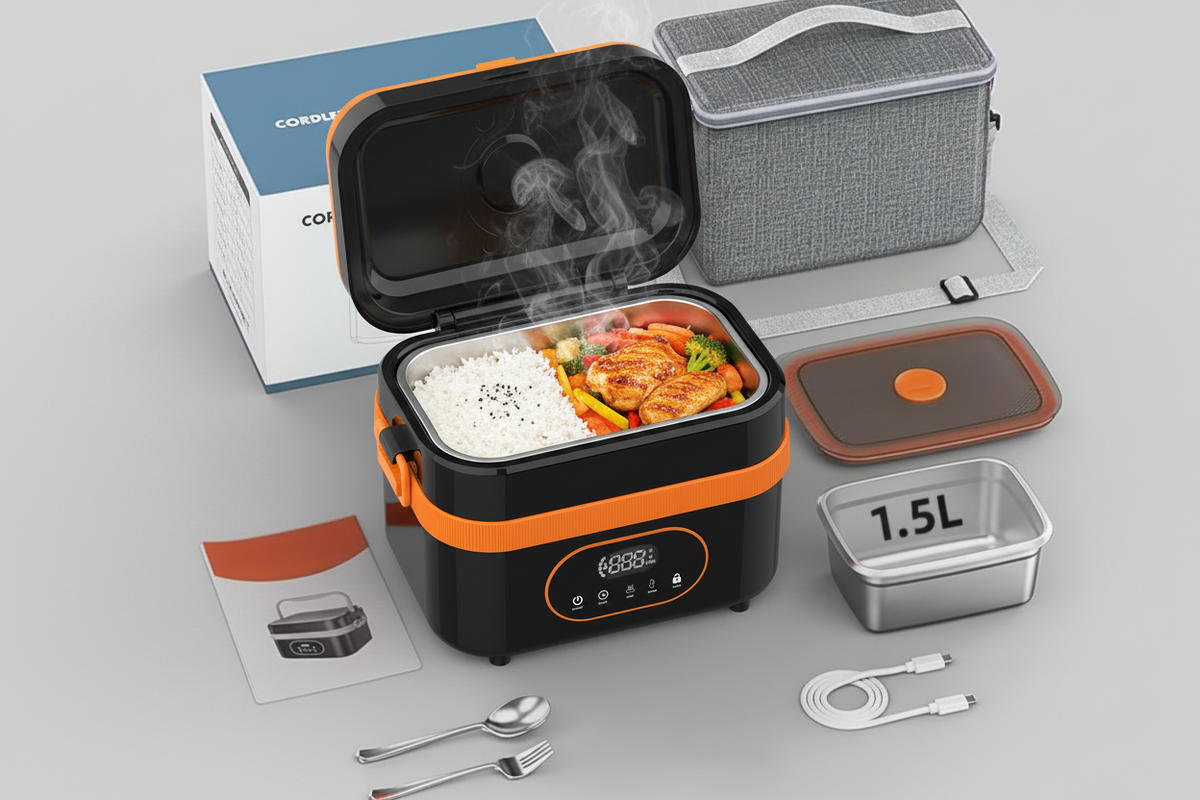 Electric Heated Lunch Box with Stainless Steel Tray Cordless Battery Powered and LED Display
