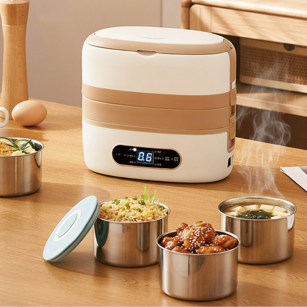 Electric Heated Stainless Steel Lunch Box with Bento Compartments and Locking Latches