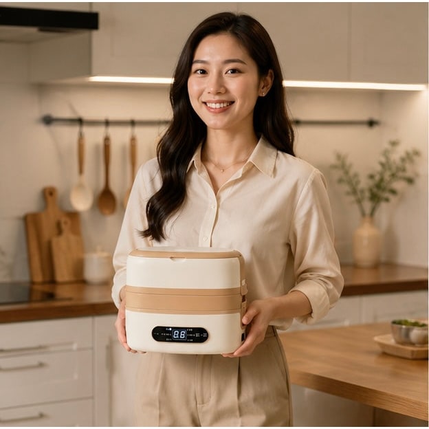Electric Heated Stainless Steel Lunch Box with Bento Compartments and Locking Latches