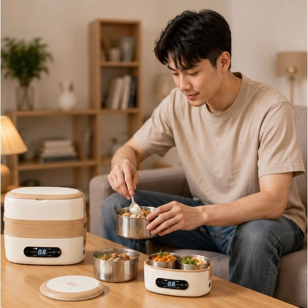 Electric Heated Stainless Steel Lunch Box with Bento Compartments and Locking Latches