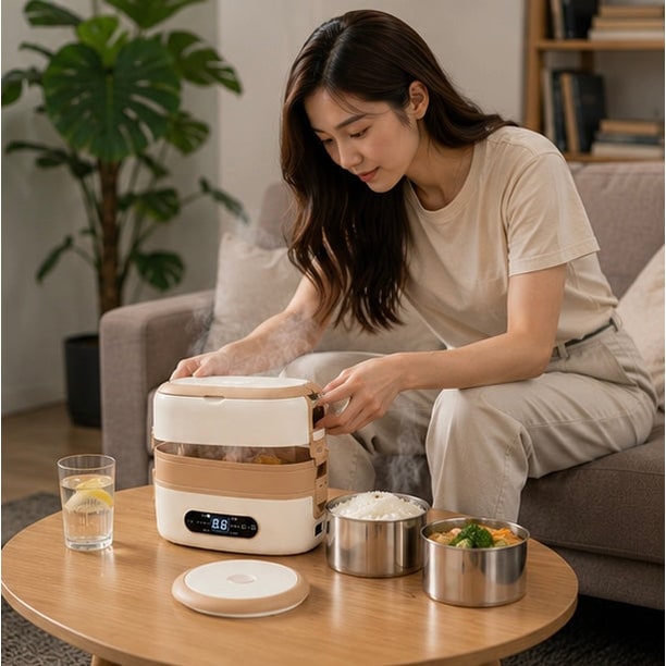 Electric Heated Stainless Steel Lunch Box with Bento Compartments and Locking Latches