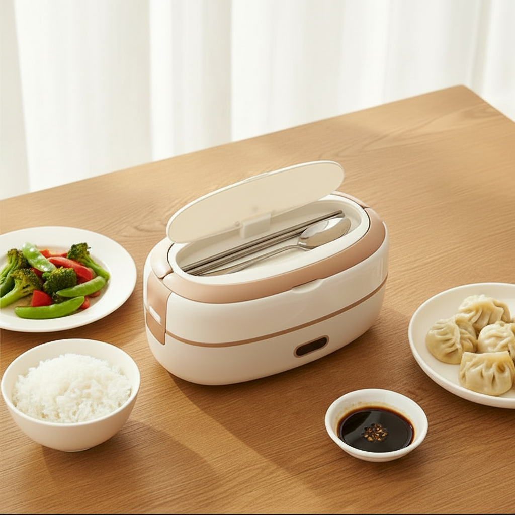 Electric Heated Stainless Steel Lunch Box with Bento Compartments and Locking Latches