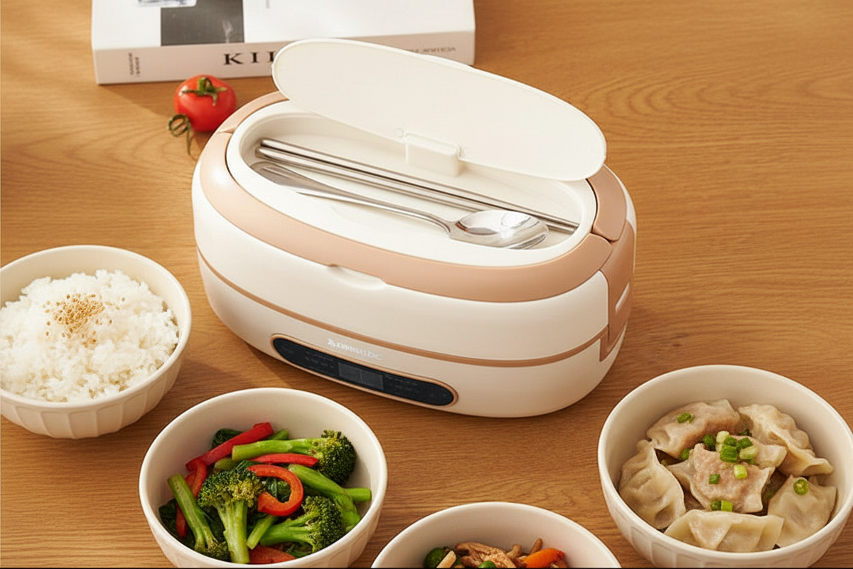 Electric Heated Stainless Steel Lunch Box with Bento Compartments and Locking Latches