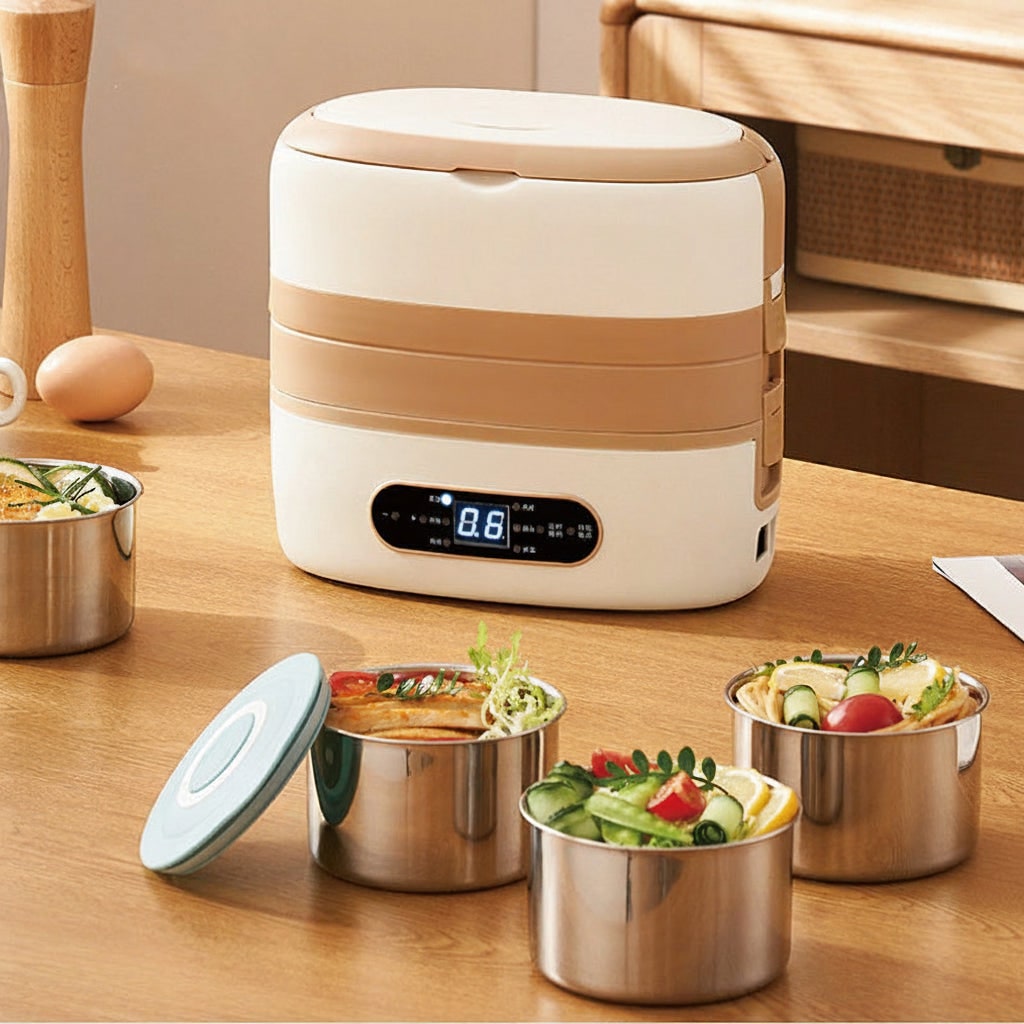 Electric Heated Stainless Steel Lunch Box with Bento Compartments and Locking Latches