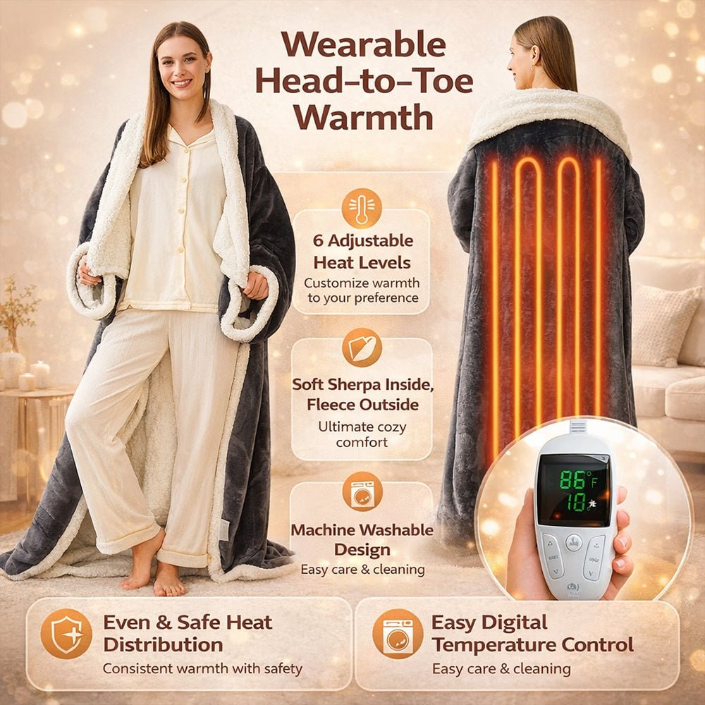 Electric Heated Wearable Blanket with Sleeves and Foot Pocket Sherpa Fleece Throw