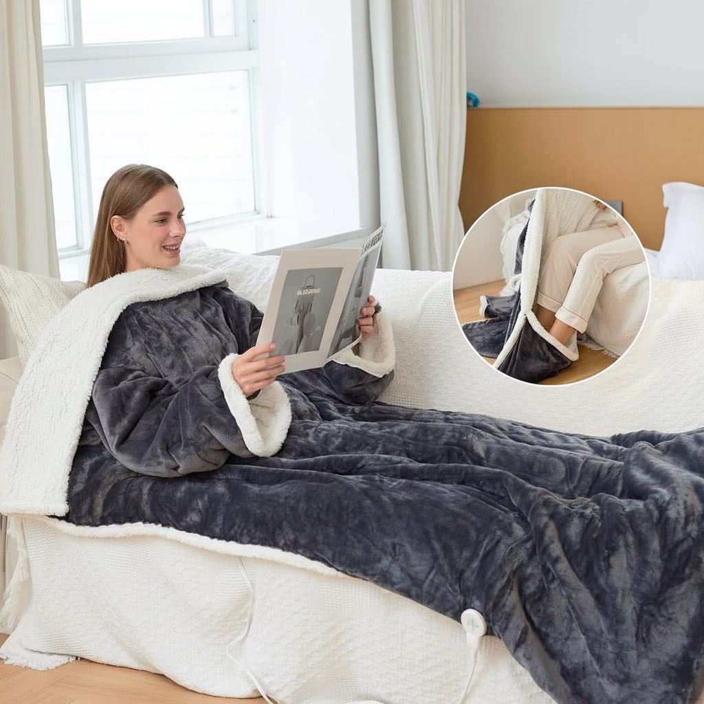 Electric Heated Wearable Blanket with Sleeves and Foot Pocket Sherpa Fleece Throw