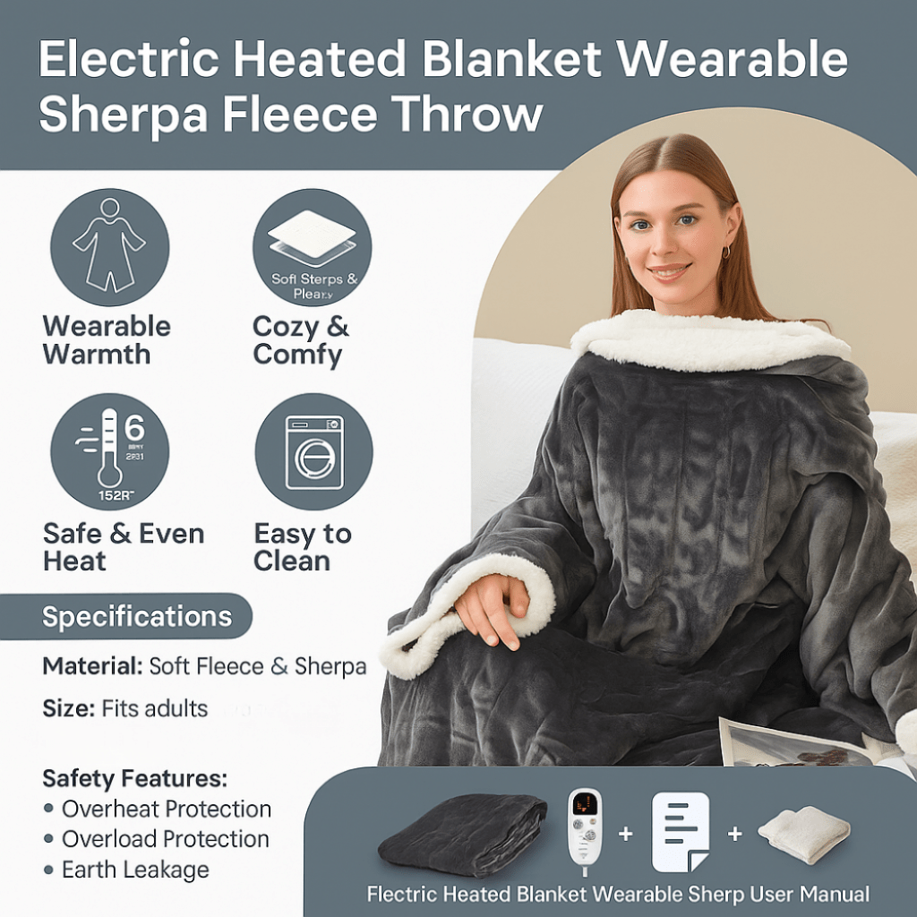 Electric Heated Wearable Blanket with Sleeves and Foot Pocket Sherpa Fleece Throw