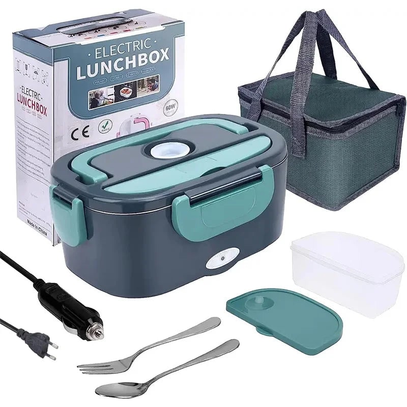 Electric Lunch Box with Stainless Steel Tray Heated Portable Food Warmer and Insulated Carrying Bag