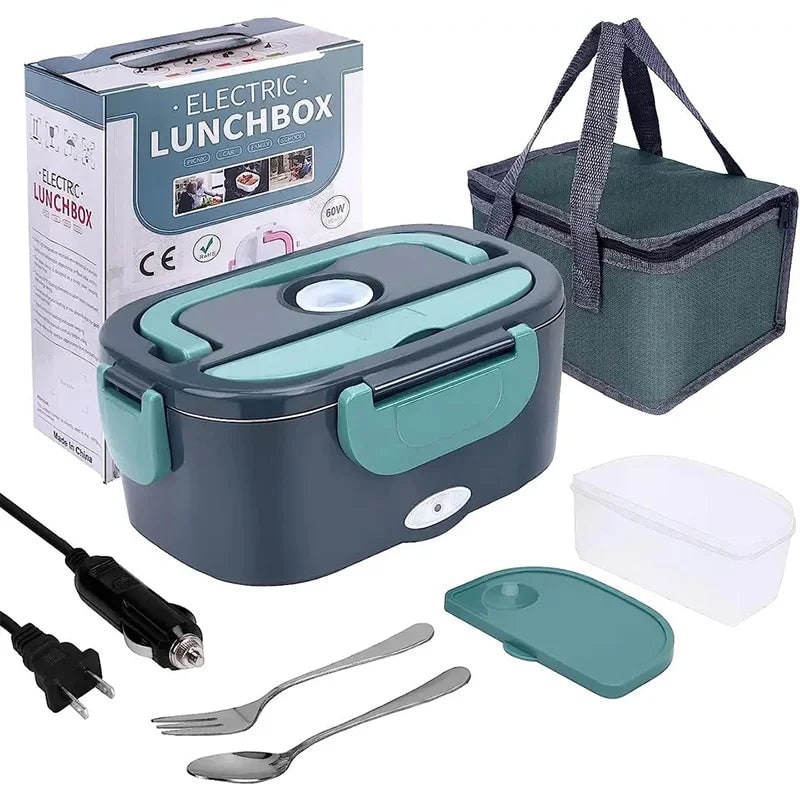 Electric Lunch Box with Stainless Steel Tray Heated Portable Food Warmer and Insulated Carrying Bag