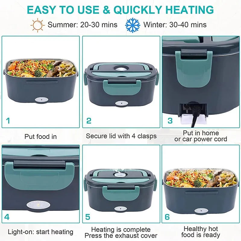 Electric Lunch Box with Stainless Steel Tray Heated Portable Food Warmer and Insulated Carrying Bag