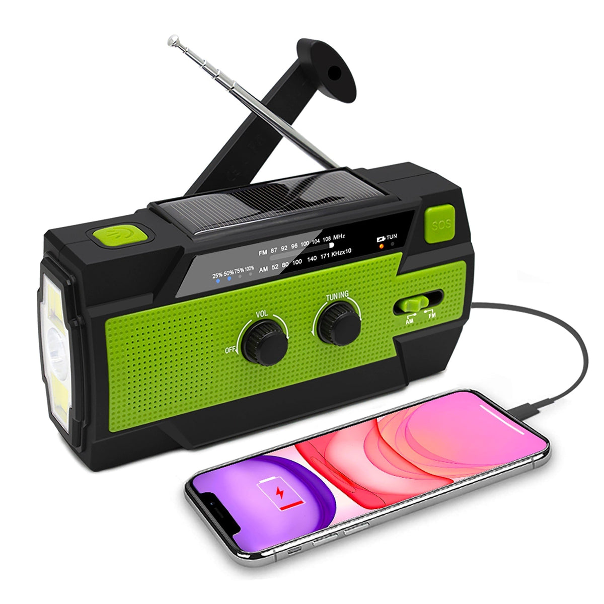 Emergency Radio Beacon with Hand Crank Solar Panel and LED Flashlight Powered